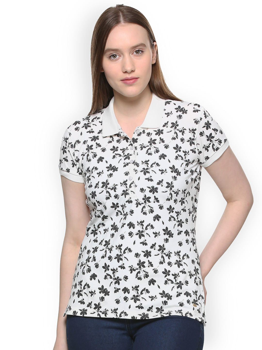 

Allen Solly Woman White & Grey Printed Polo Collar T-shirt