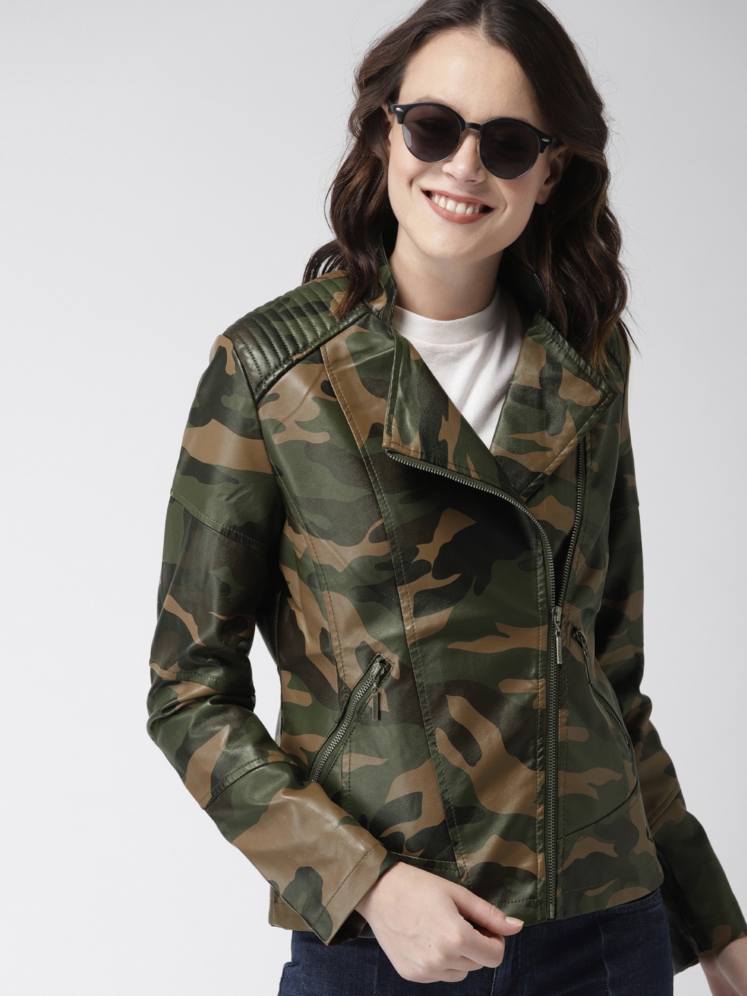 

Mast & Harbour Women Olive Green & Brown Camouflage Printed Biker Jacket