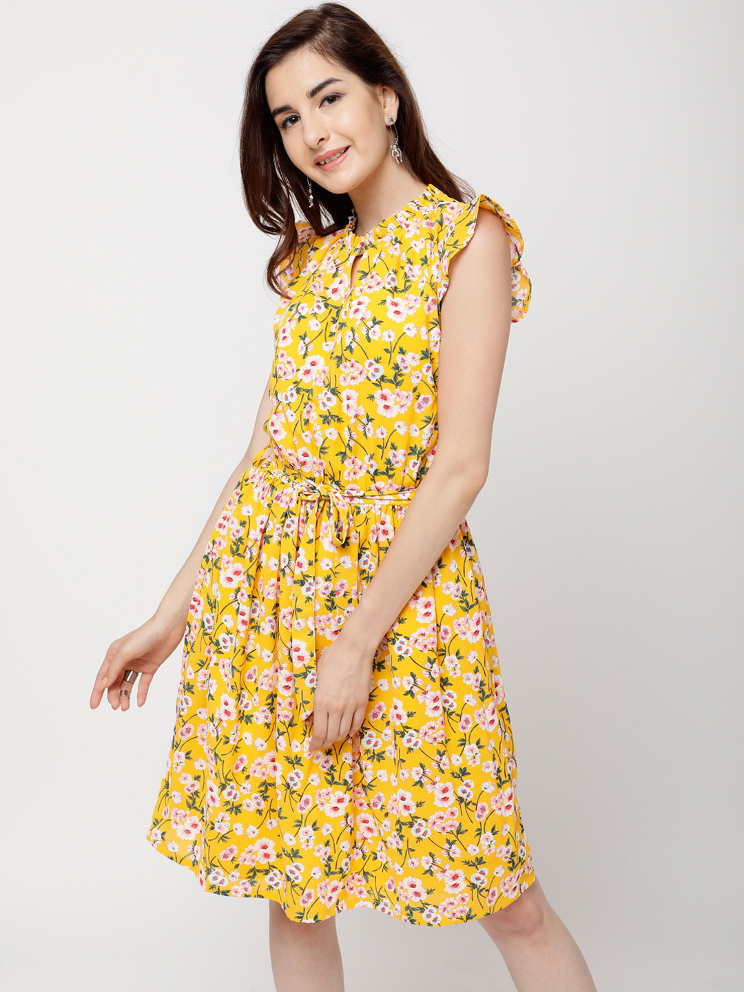 

Tokyo Talkies Women Yellow Printed Fit and Flare Dress