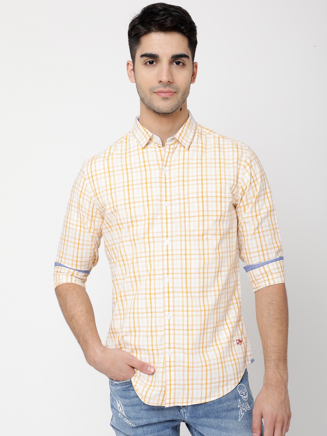 

LOCOMOTIVE Men White & Orange Slim Fit Checked Casual Shirt