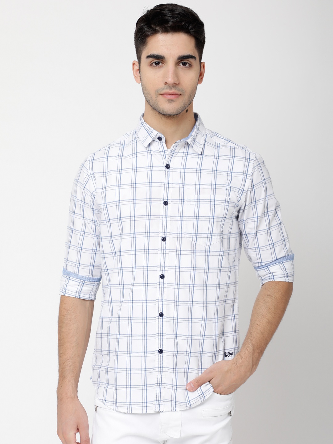 

LOCOMOTIVE Men White & Grey Melange Slim Fit Checked Casual Shirt