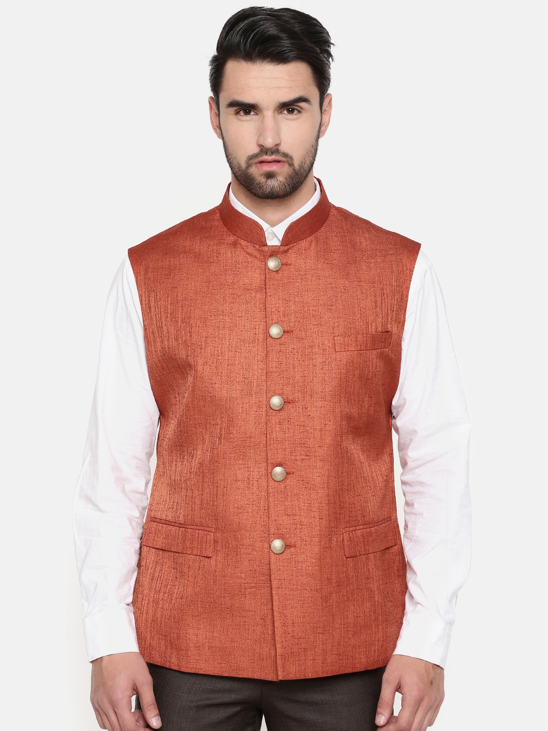 

ethnix Men Rust Red Solid Textured Nehru Jacket