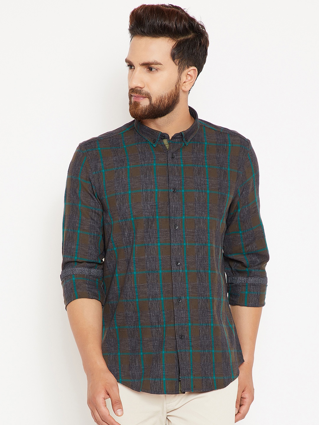 

Blackberrys Men Charcoal Grey & Olive Green Slim Fit Checked Casual Shirt