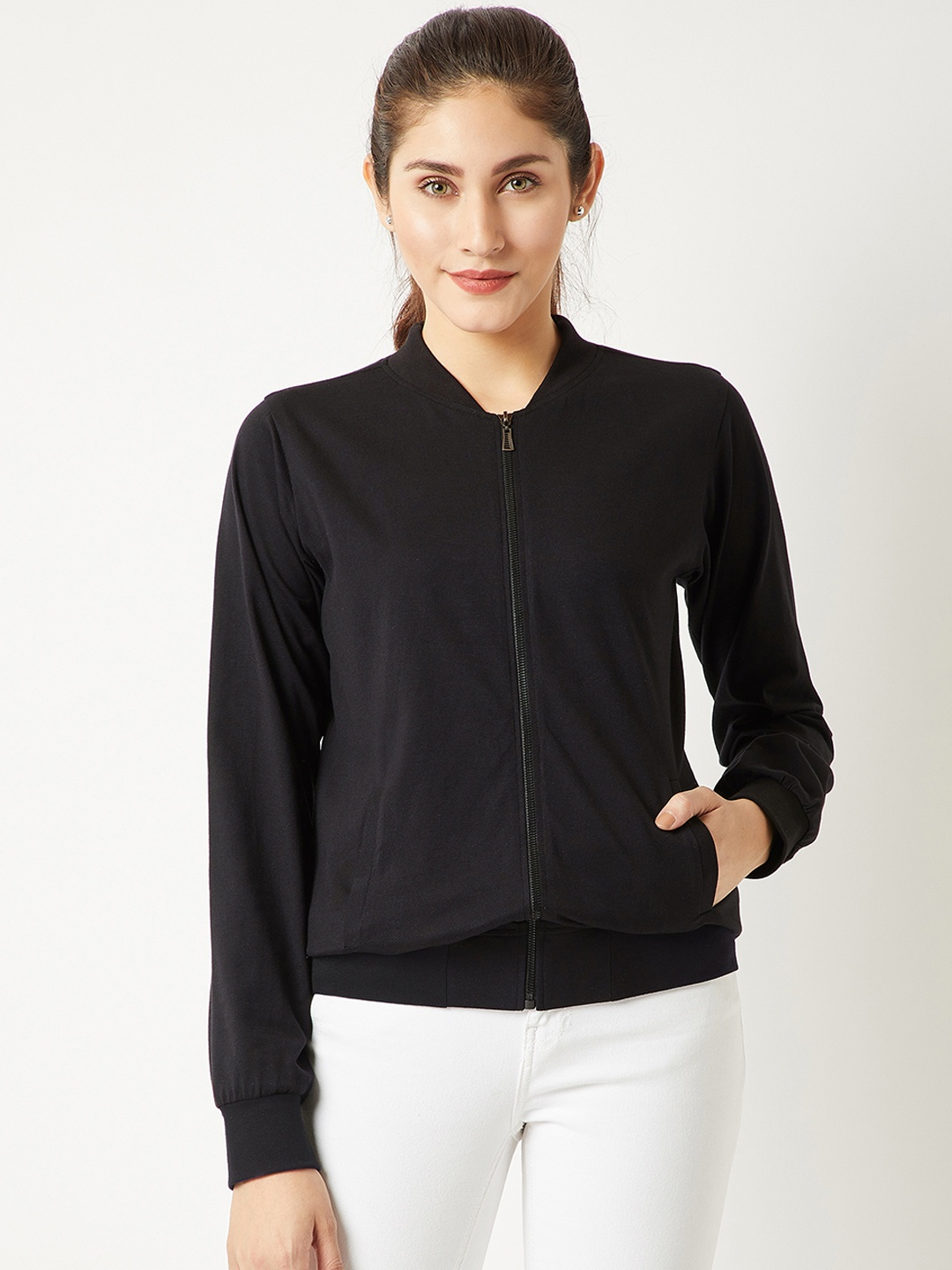 

Miss Chase Women Black Solid Lightweight Bomber