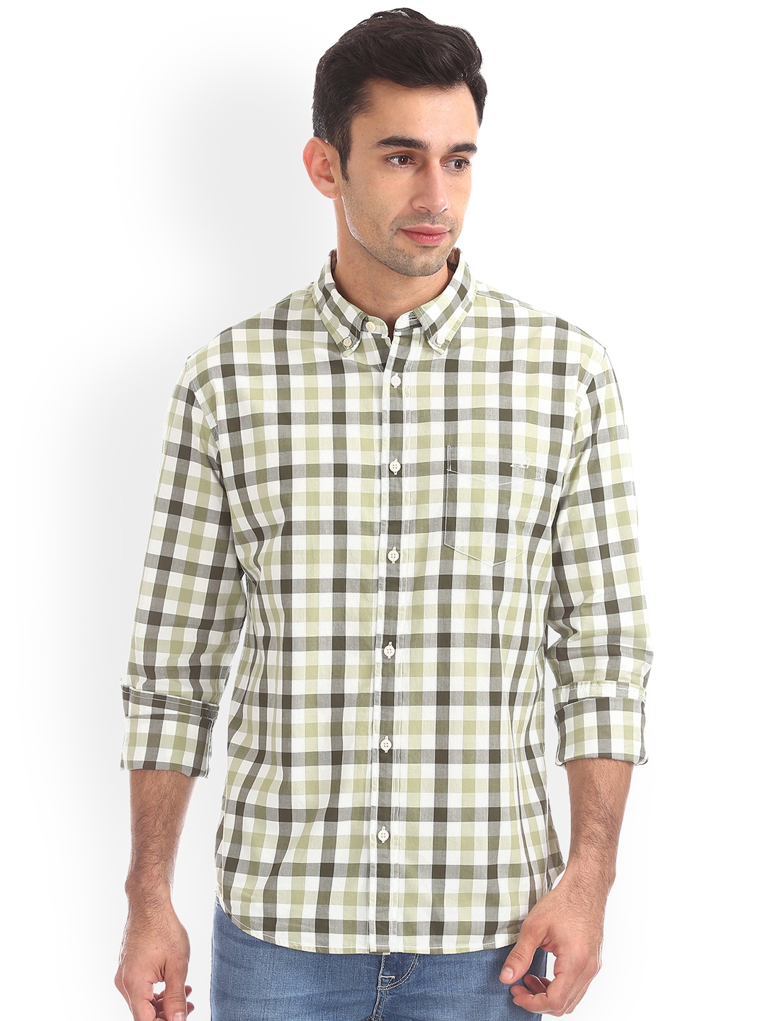 

Aeropostale Men Green & White Regular Fit Checked Casual Shirt