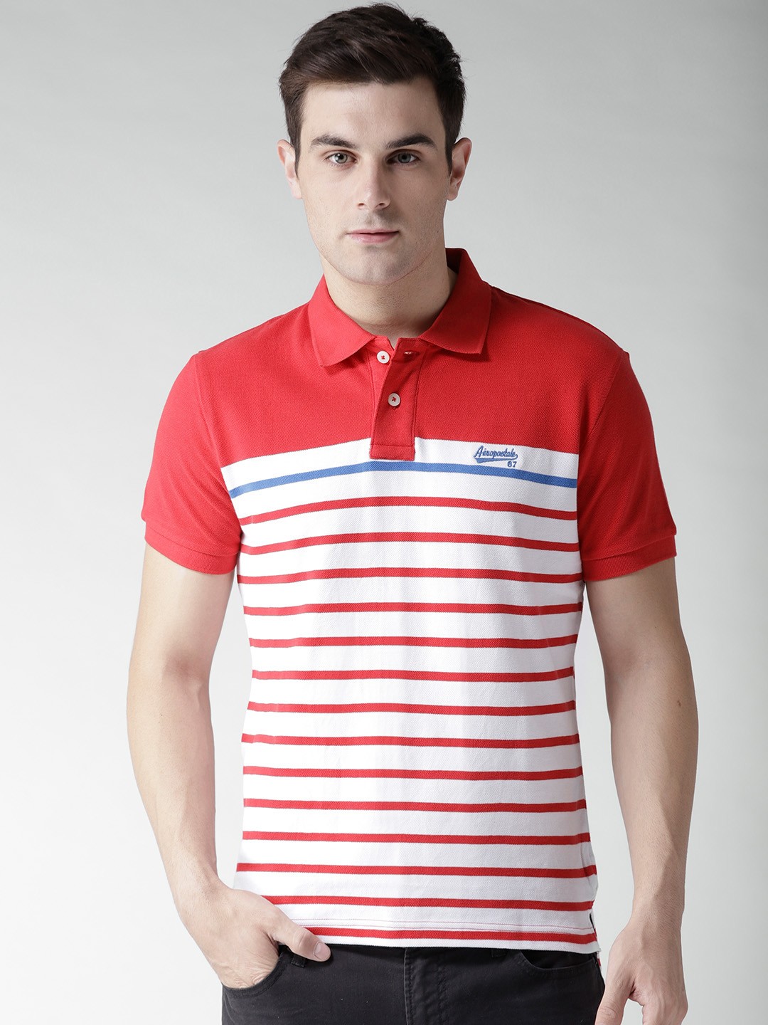 

Aeropostale Men Red Striped Polo Collar T-shirt