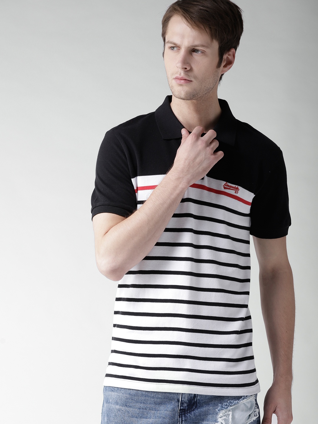

Aeropostale Men White Black Striped Polo Collar Pure Cotton T-shirt