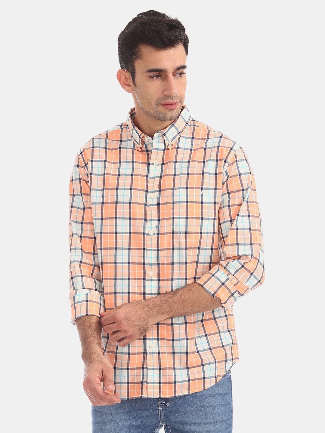 

Aeropostale Men Peach-Coloured & White Regular Fit Checked Casual Shirt