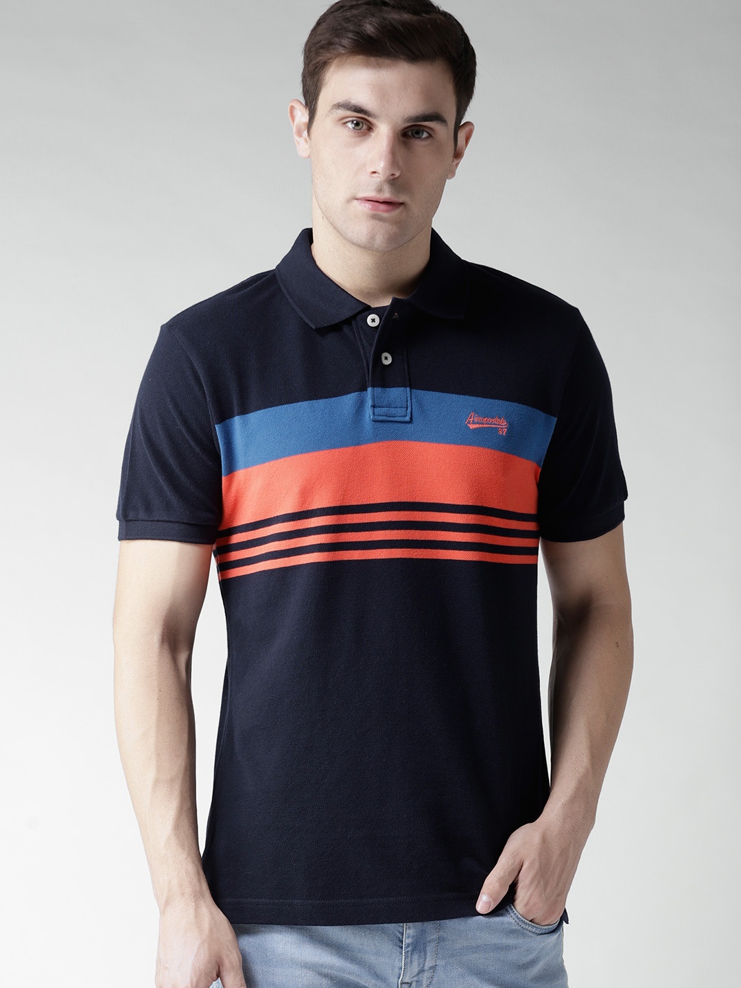 

Aeropostale Men Navy Blue Striped Polo Collar Pure Cotton T-shirt