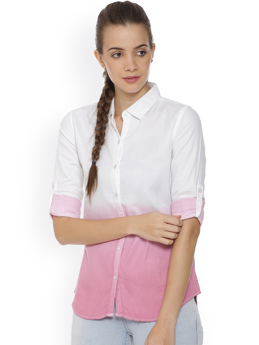 

Campus Sutra Women White & Pink Regular Fit Colourblocked Casual Shirt