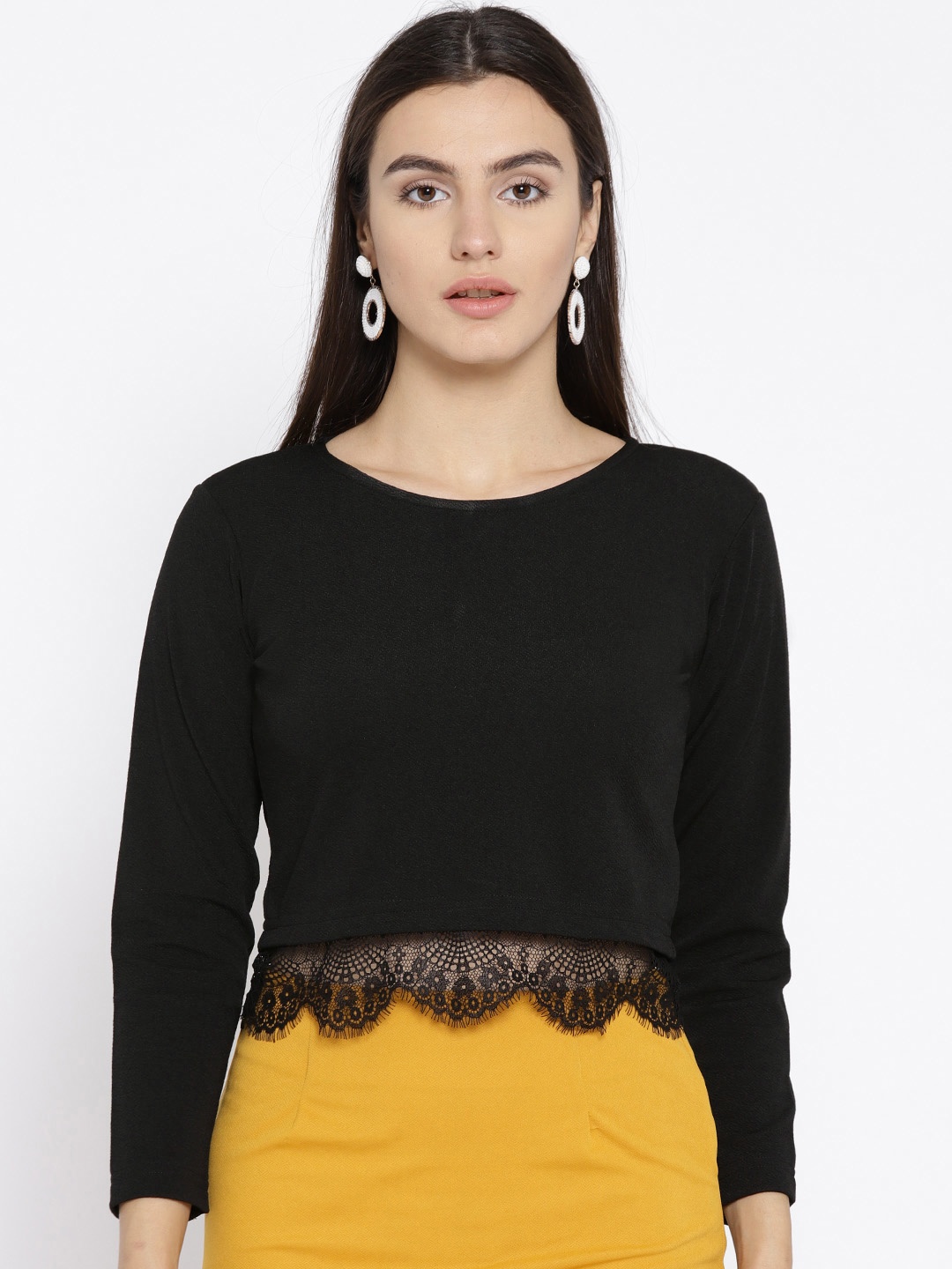 

Trend Arrest Women Black Solid Lace Inserts Crop Top
