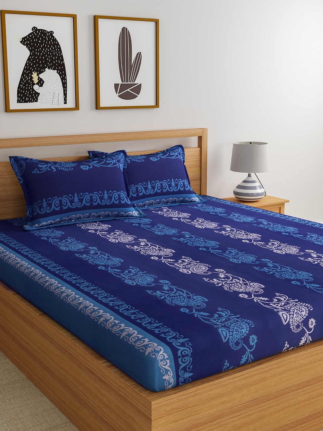 

Home Ecstasy Blue & Off-White Ethnic Motifs Flat 140 TC Cotton 1 Queen Bedsheet with 2 Pillow Covers