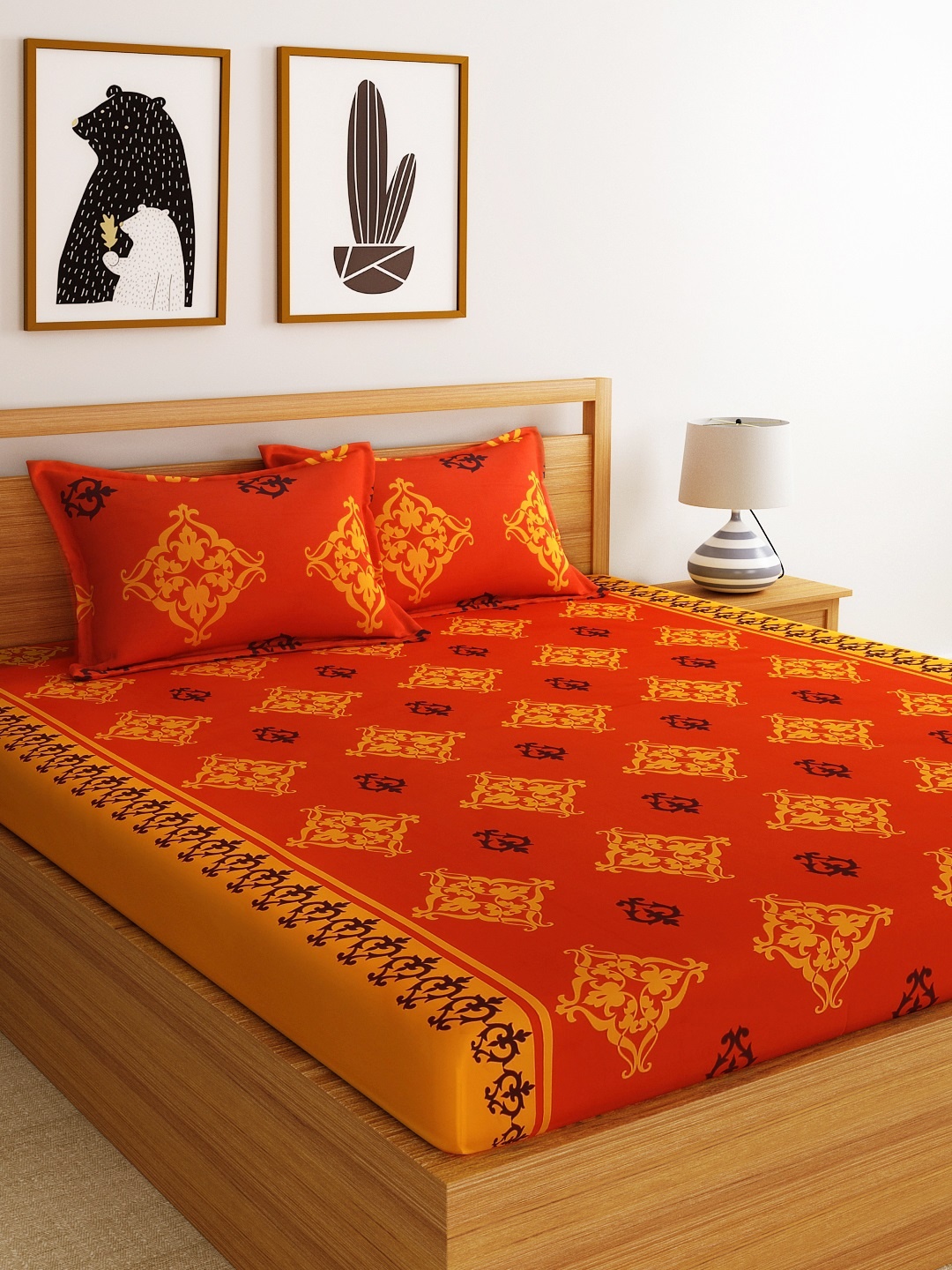 

Home Ecstasy Orange & Mustard Ethnic Motifs Flat 140 TC Cotton 1 Queen Bedsheet with 2 Pillow Covers