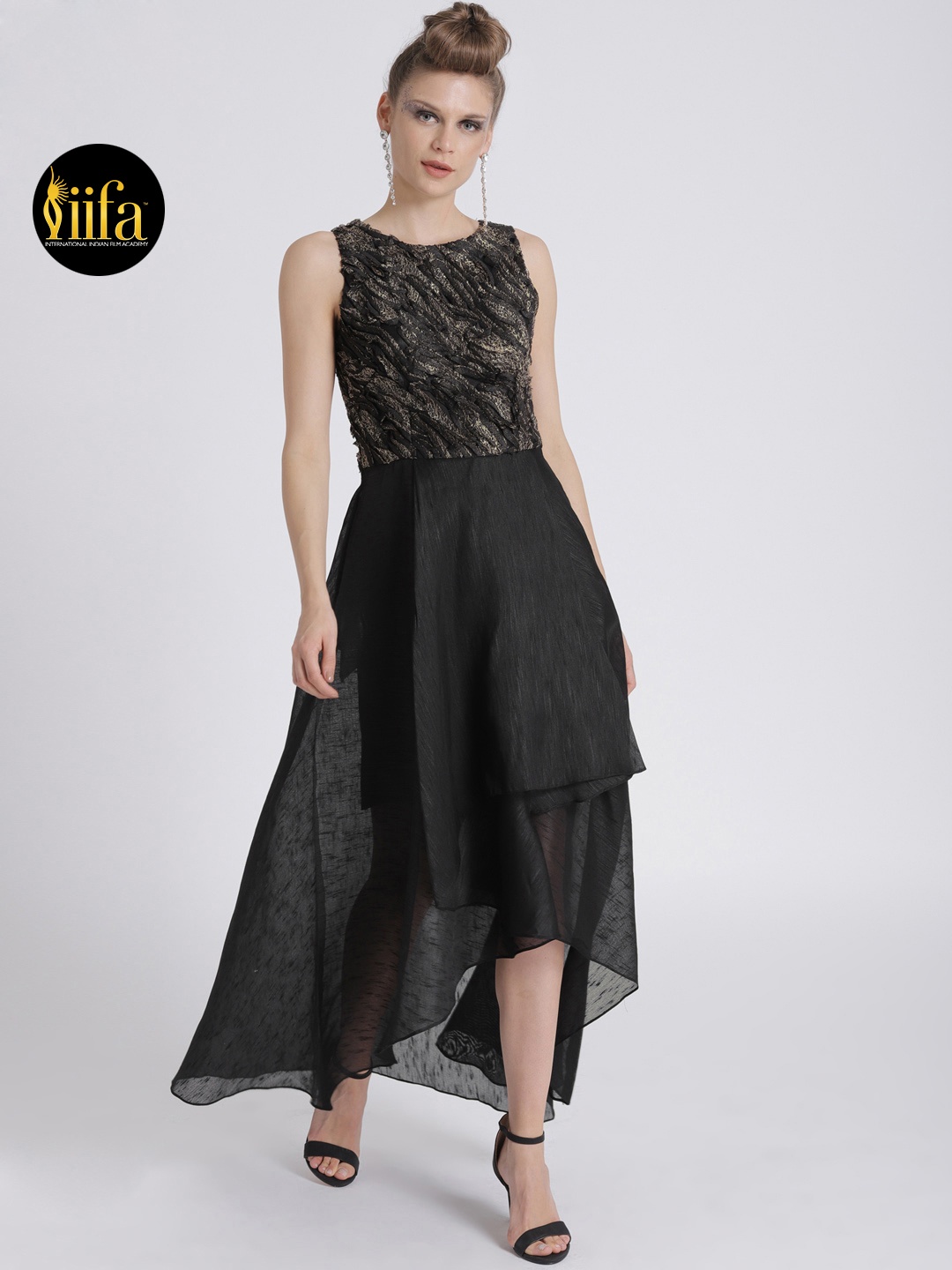 

Athena Black Embellished Raw Silk Layered High-Low Dress