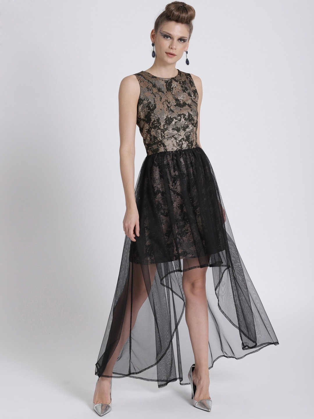 

Athena Black Silk Brocade High-Low Sheer Dress