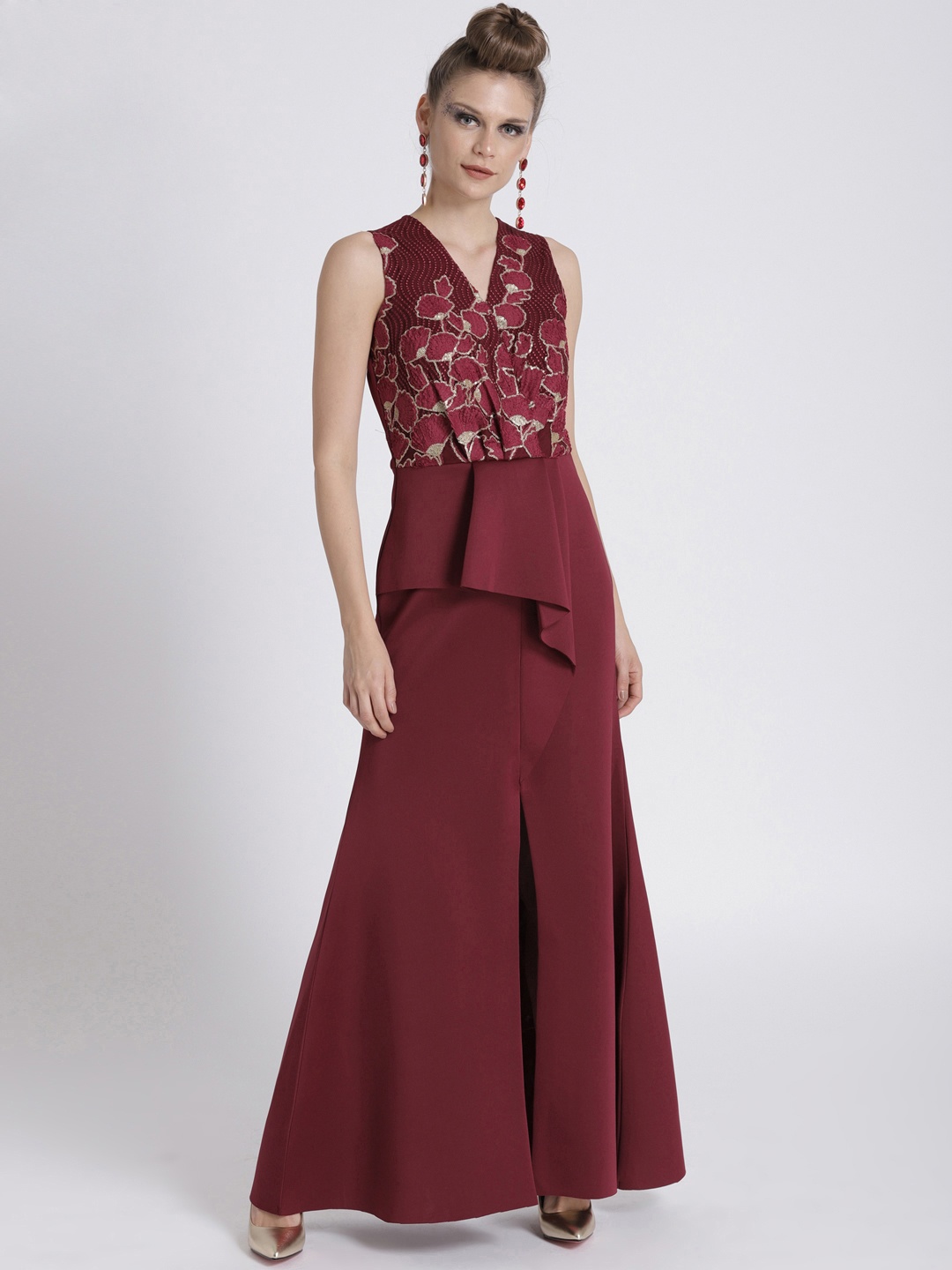 

Athena Burgundy Embellished Half Peplum Maxi Dress with Front Slit & Sheer Back