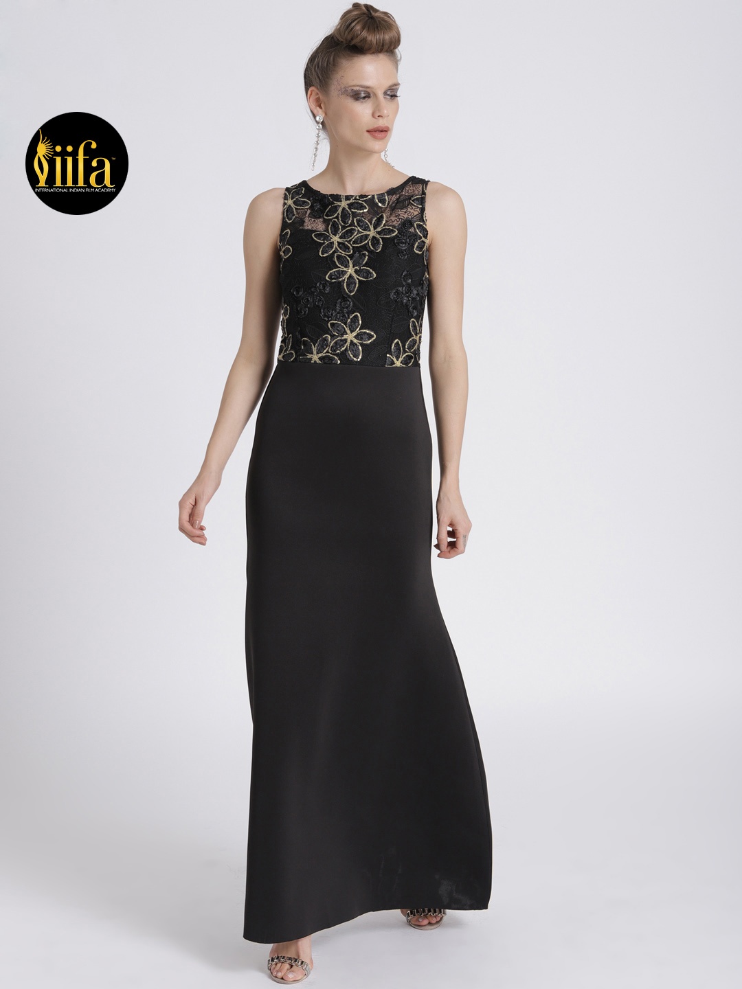 

Athena Black Embroidered Maxi Dress with Sheer Back
