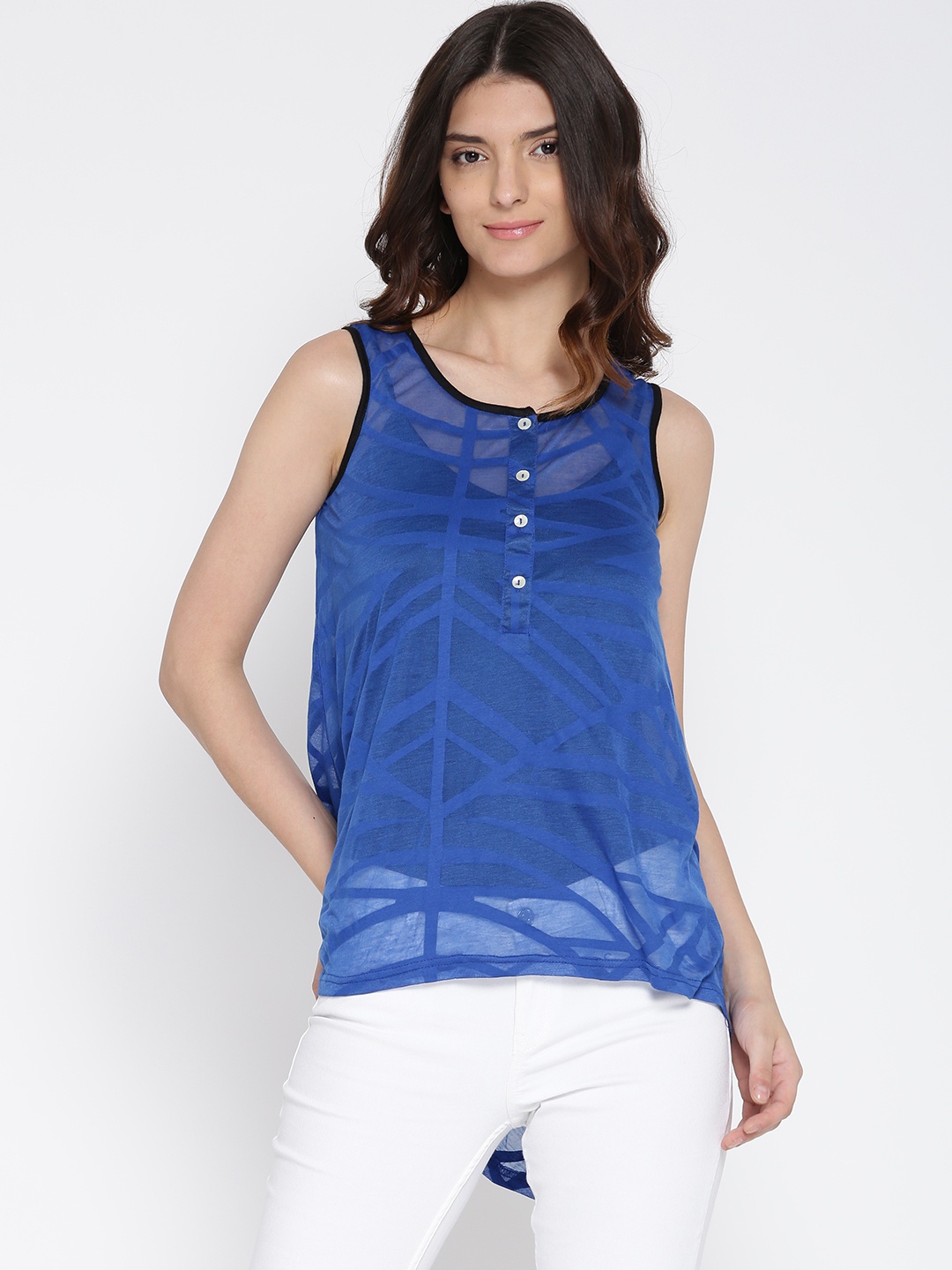 

AND Blue Printed Sheer High-Low Top