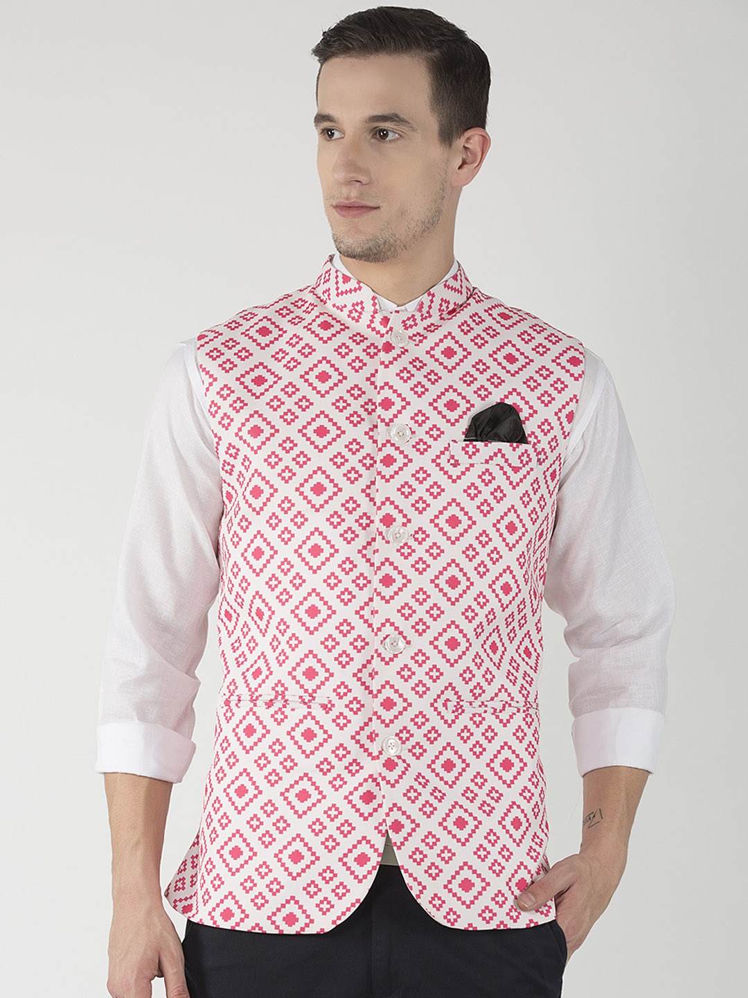 

Hangup Cream & Pink Printed Nehru Jacket