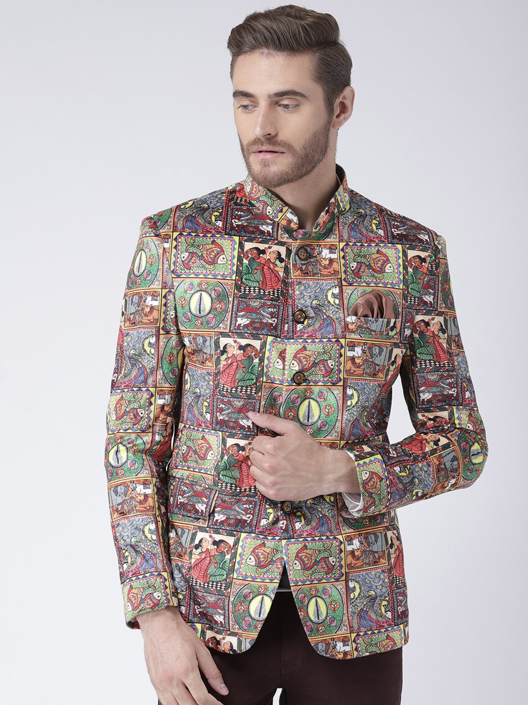 

Hangup Multicoloured Printed Slim Fit Bandhgala Blazer, Multi