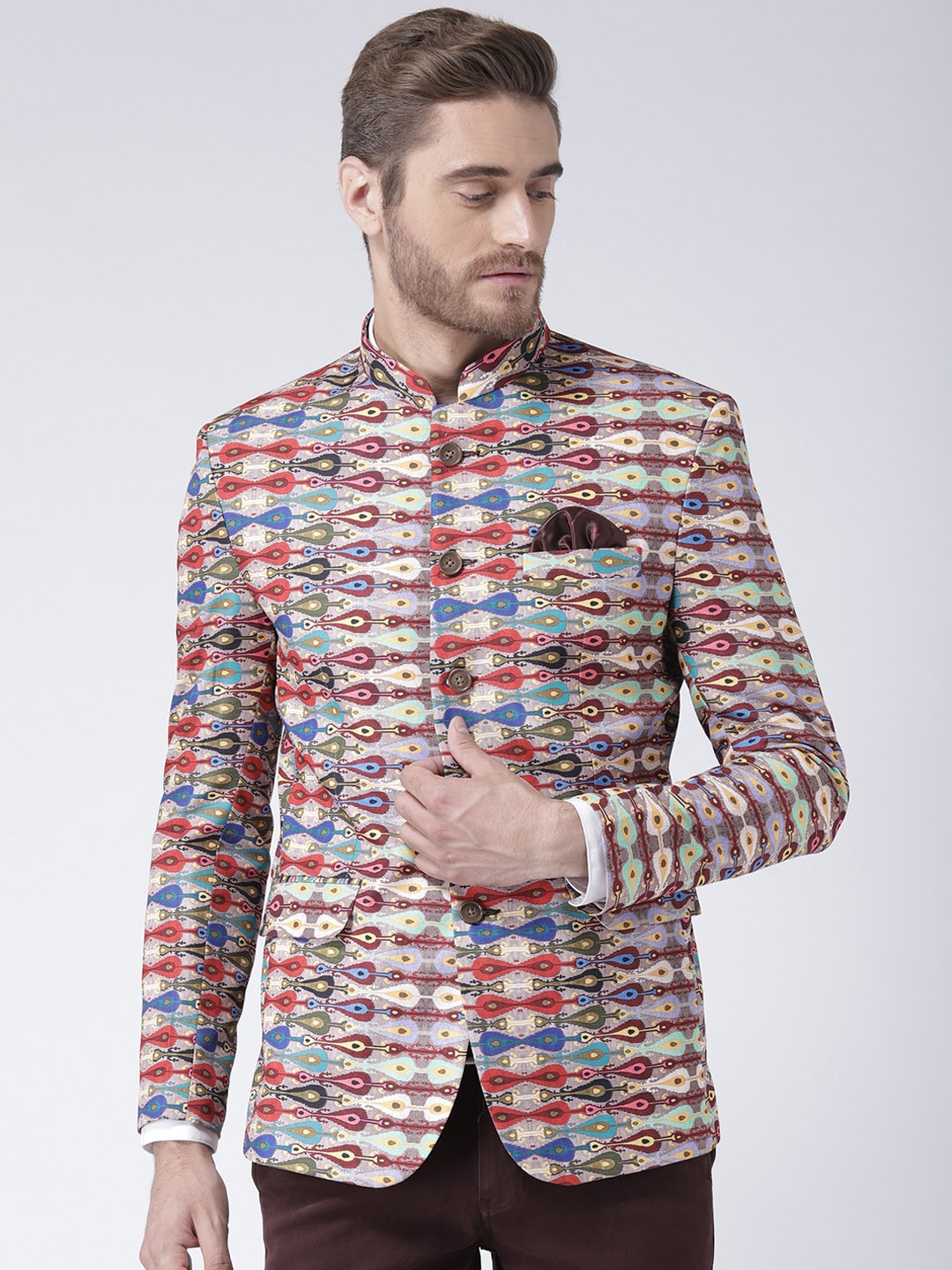 

Hangup Multicoloured Printed Slim Fit Bandhgala Blazer, Multi