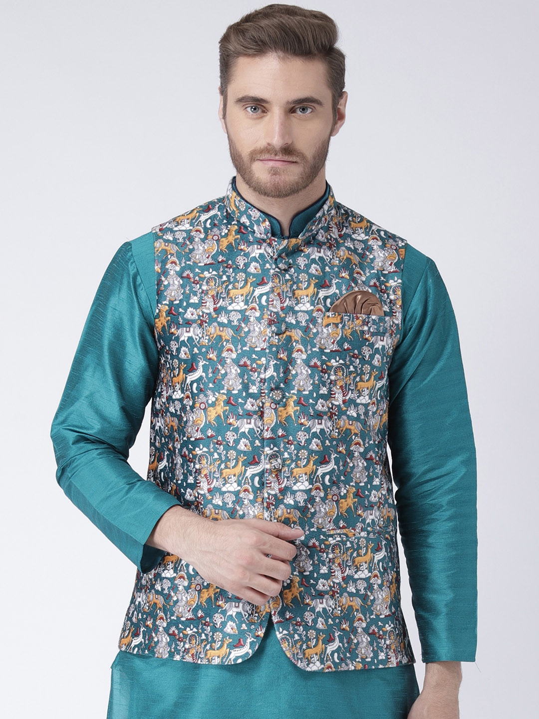 

Hangup Teal Blue Printed Nehru Jacket