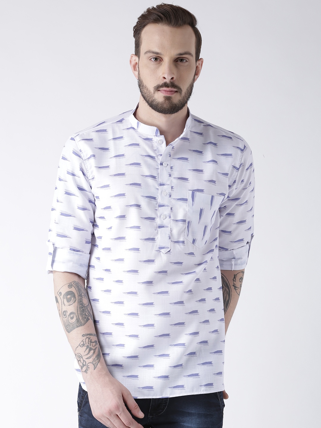 

Hangup Men White & Blue Printed Straight Kurta
