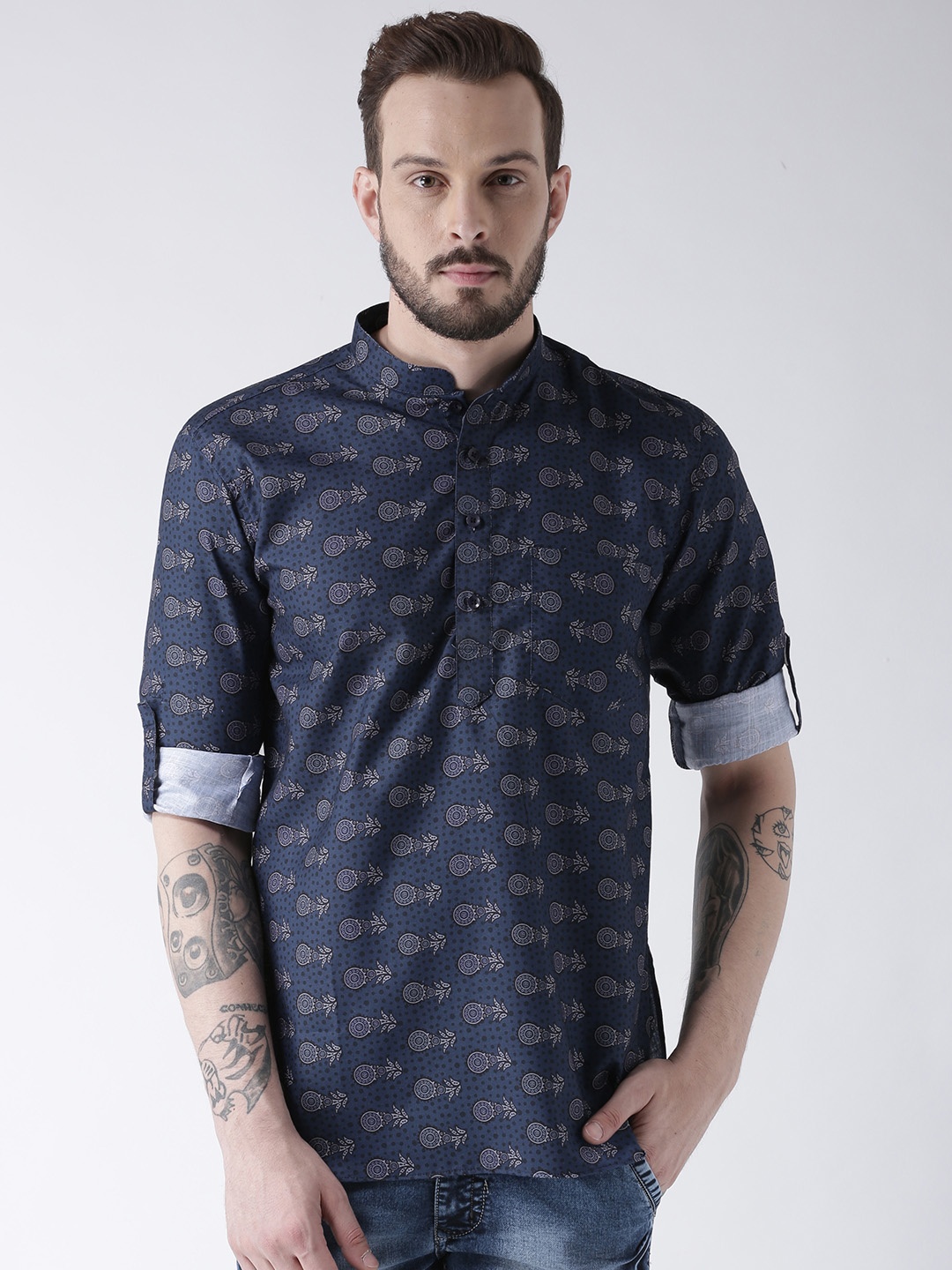 

Hangup Men Blue Printed Straight Kurta