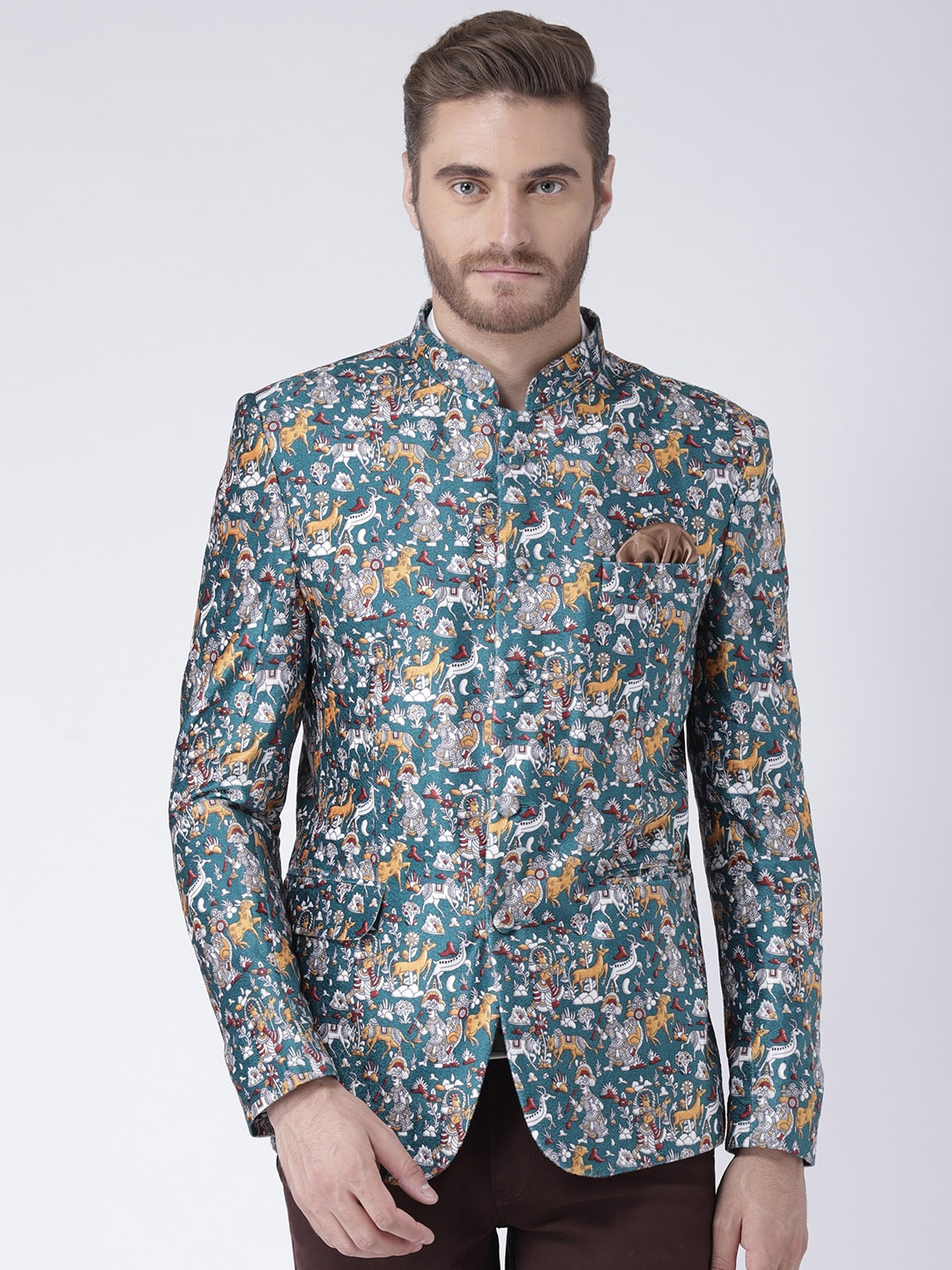 

Hangup Multicoloured Printed Slim Fit Bandhgala Blazer, Multi