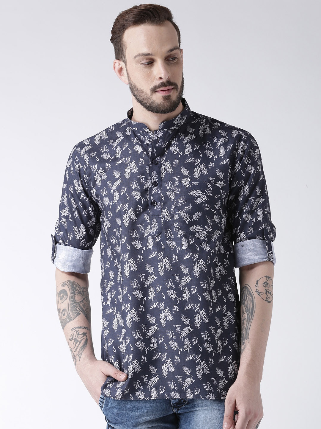 

Hangup Men Blue Printed Straight Kurta