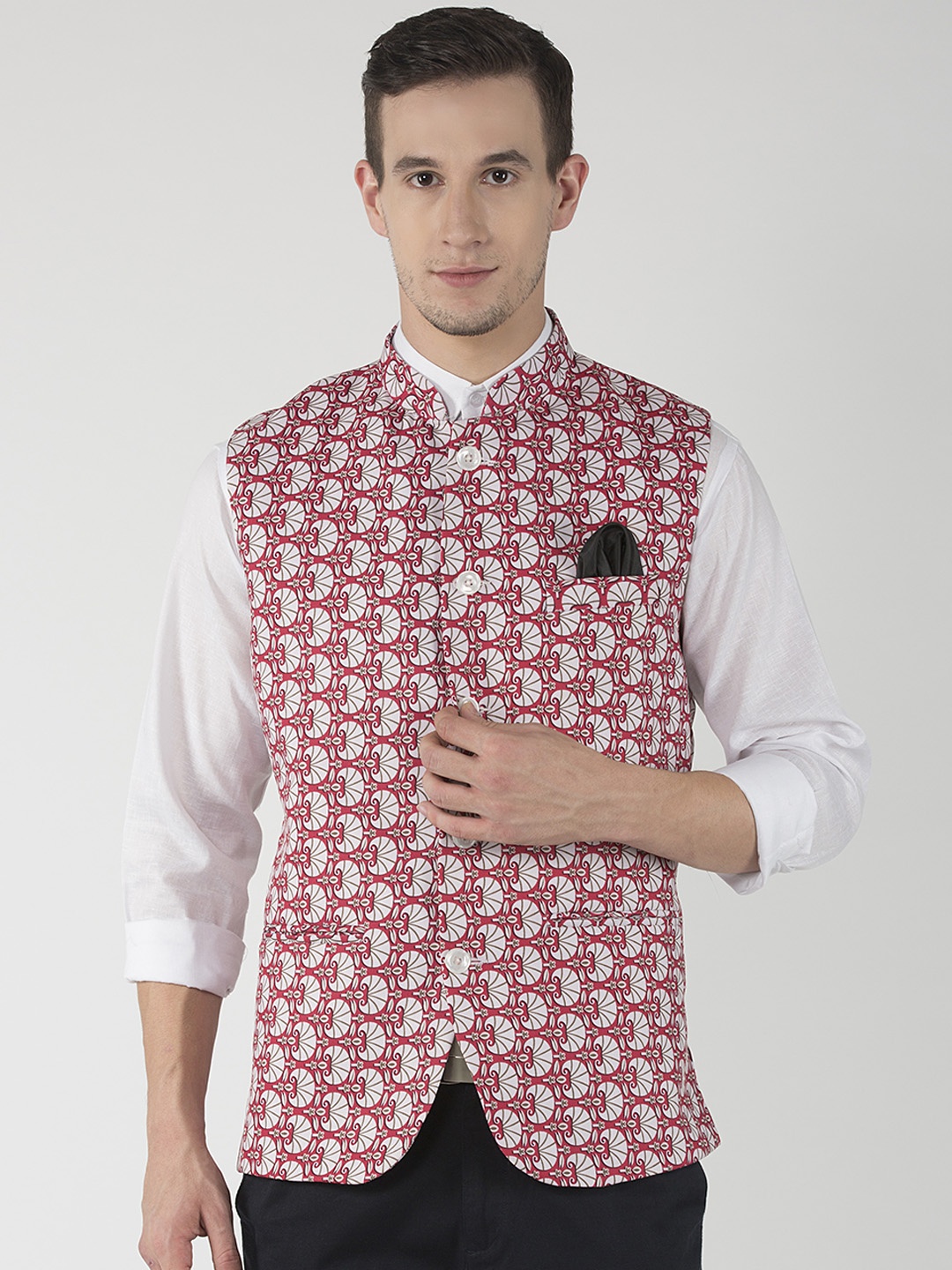 

Hangup Coral Red & Cream Printed Nehru Jacket