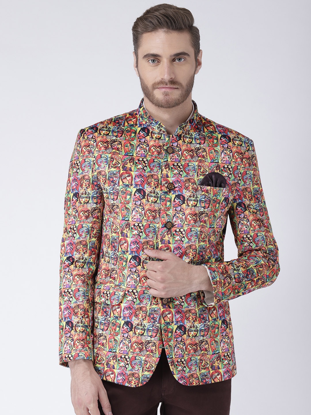 

Hangup Multicoloured Printed Slim Fit Bandhgala Blazer, Multi