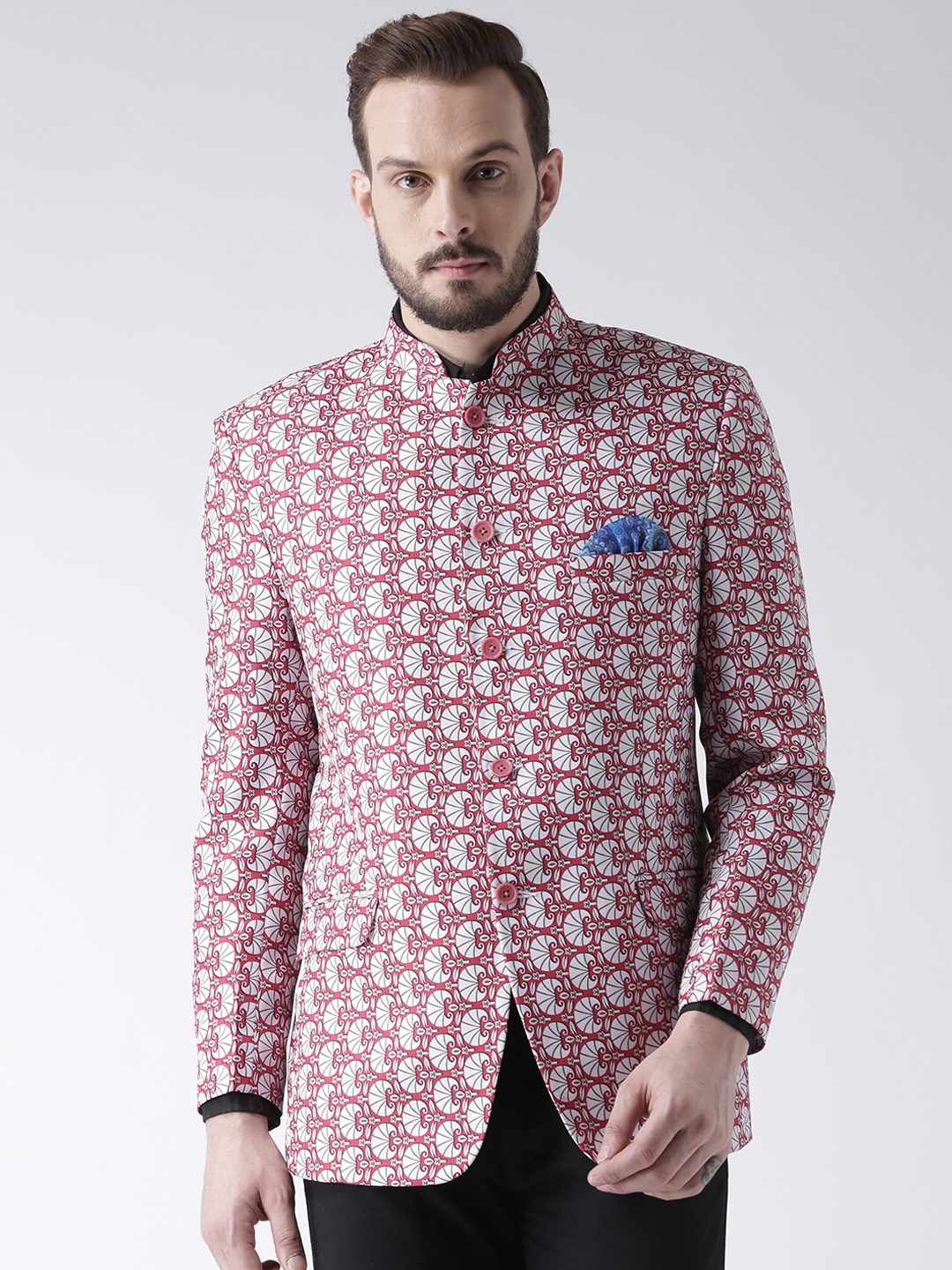 

Hangup White & Pink Printed Slim Fit Bandhgala Blazer, Coral