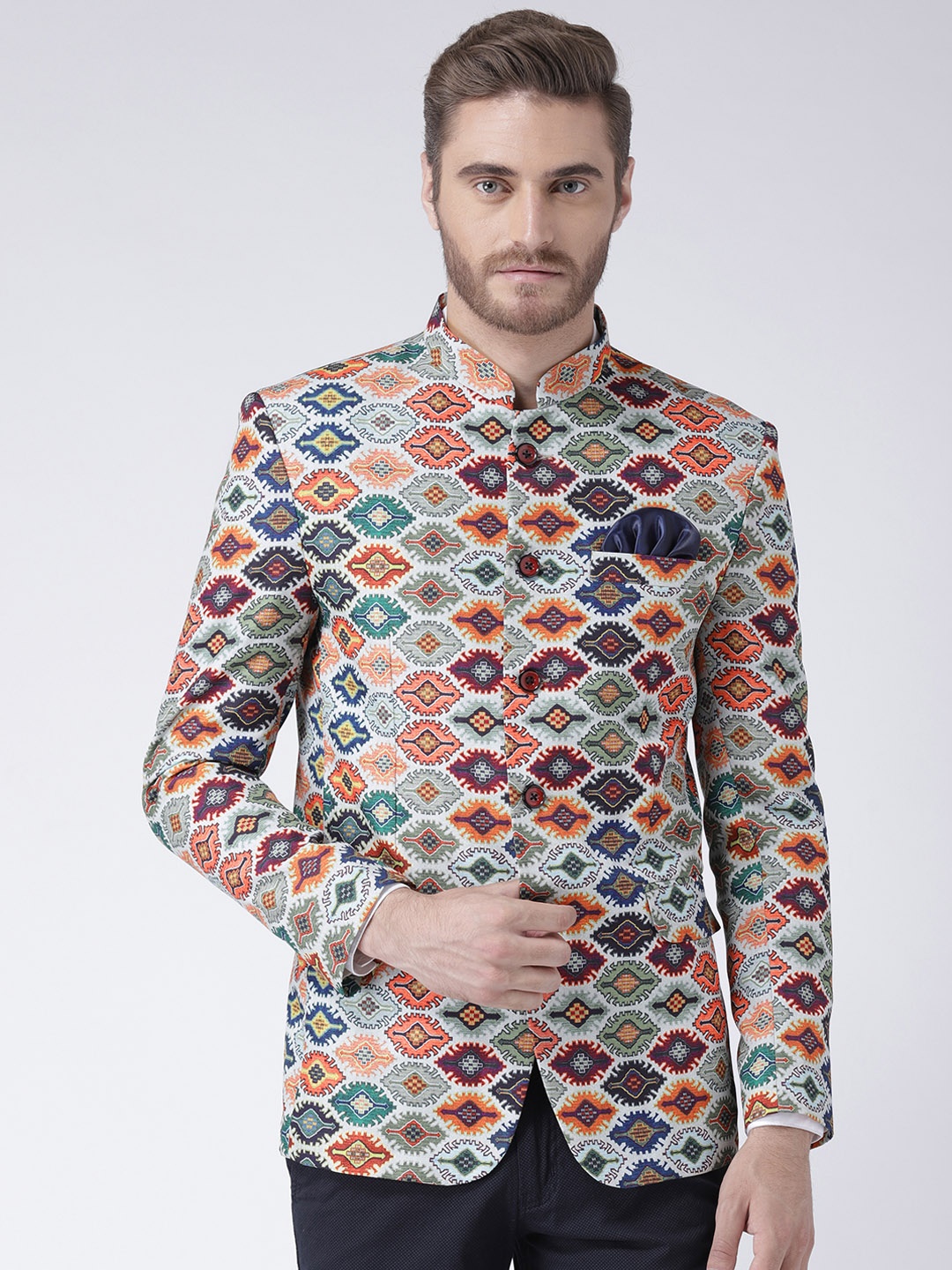 

Hangup Multicoloured Printed Slim Fit Bandhgala Blazer, Multi