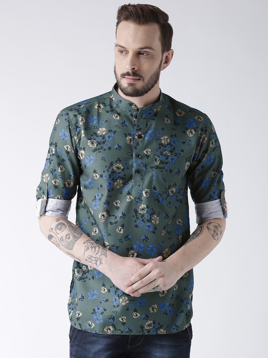 

Hangup Men Green & Grey Floral Print Straight Kurta