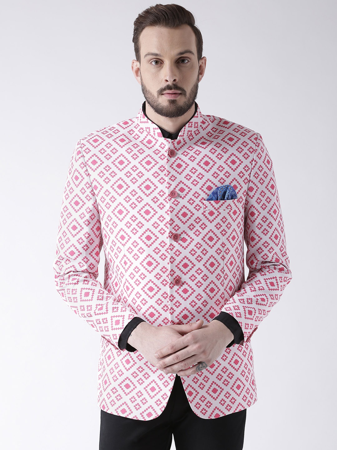 

Hangup White & Pink Printed Slim Fit Bandhgala Blazer