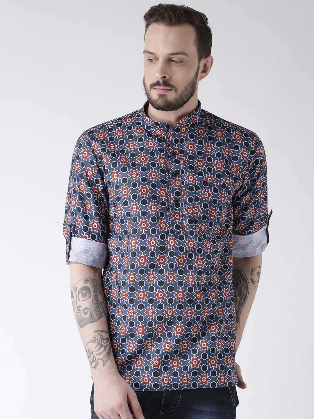 

Hangup Men Blue & Red Printed Straight Kurta