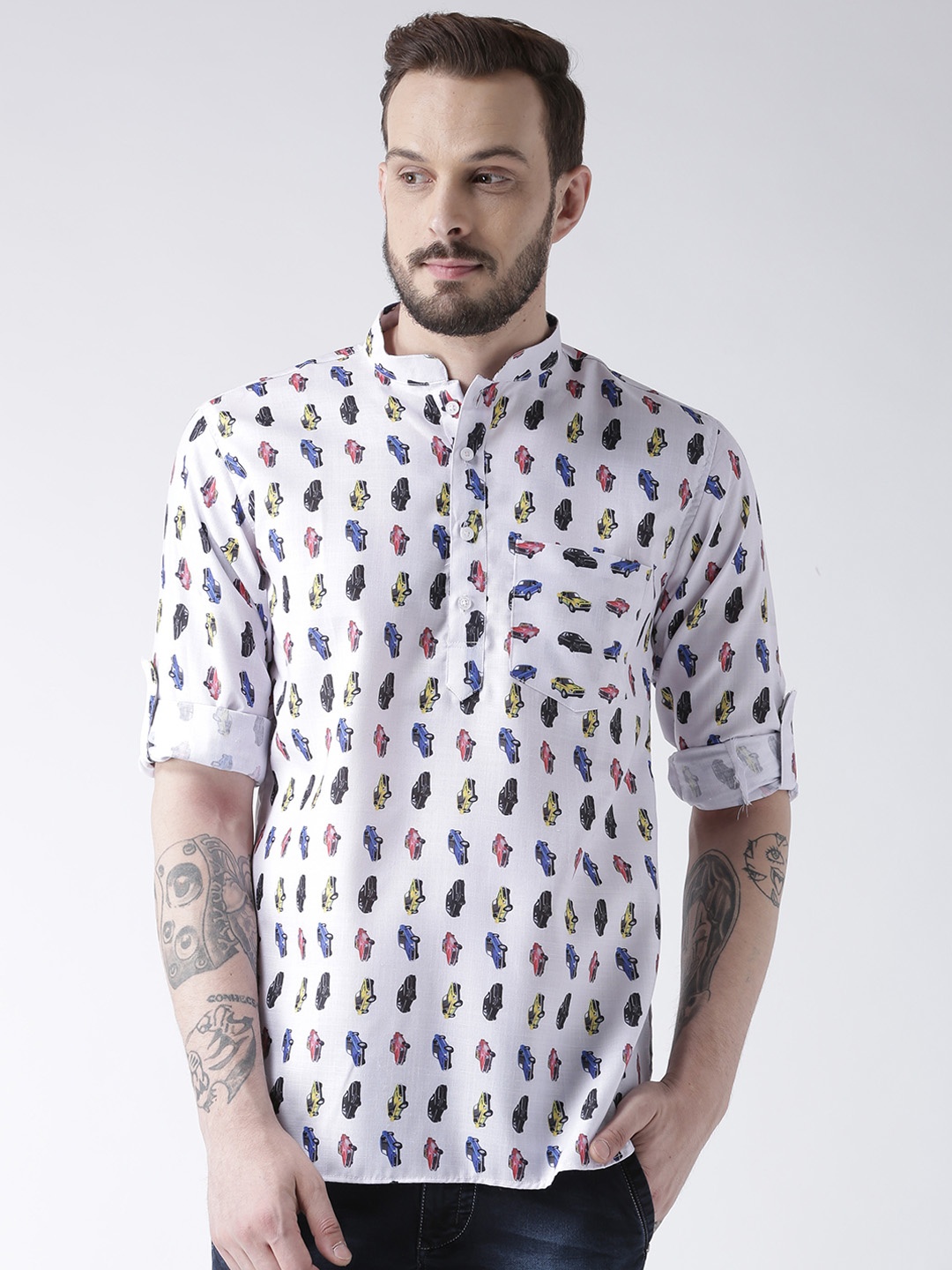 

Hangup Men White & Multicoloured Quirky Printed Straight Kurta