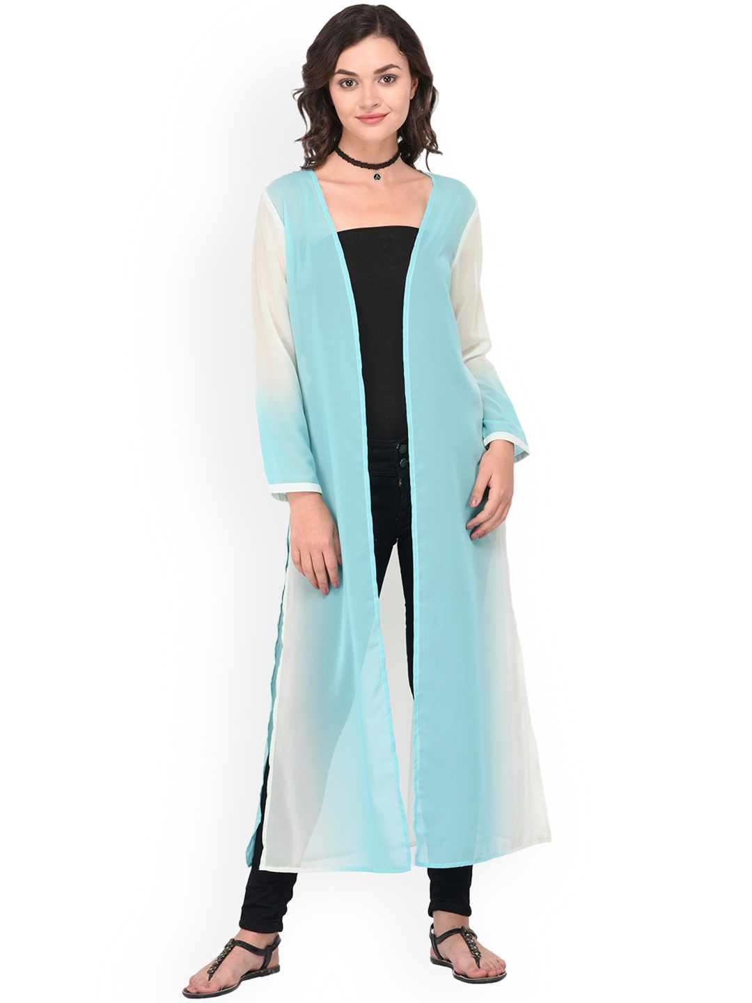 

PURYS Blue & White Solid Open Front Shrug