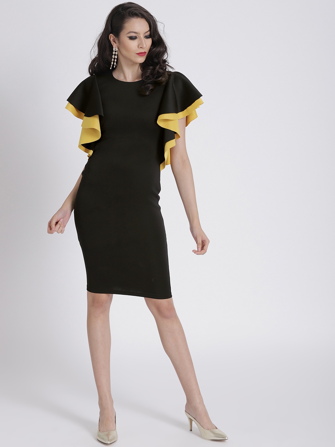 

SASSAFRAS Black Ruffled Flared Sleeve Bodycon Scuba Dress