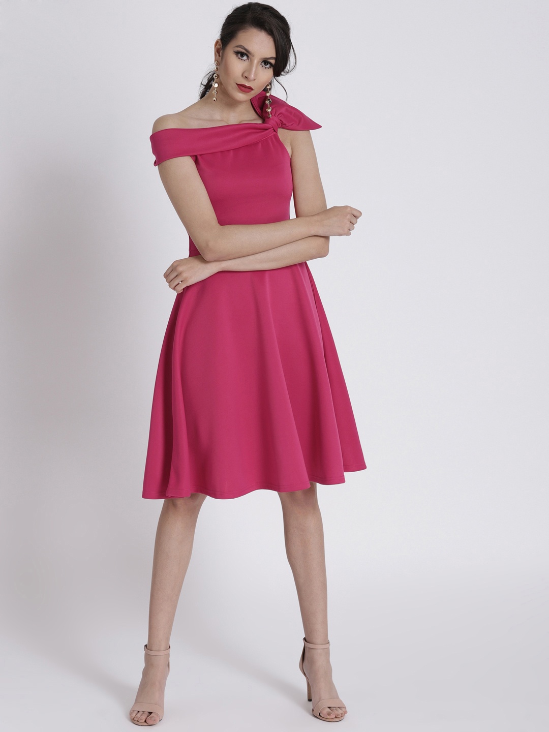 

SASSAFRAS Pink Off-Shoulder Side Bow Scuba Fit & Flare Dress
