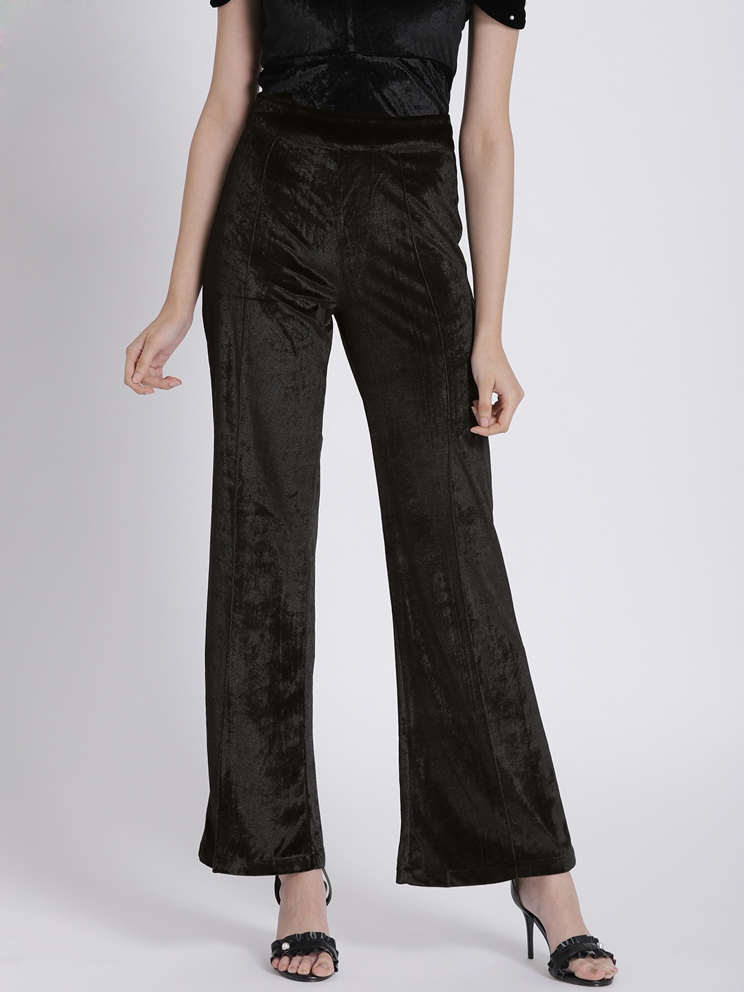 

SASSAFRAS Women Black Velvet Bell Bottom Trousers