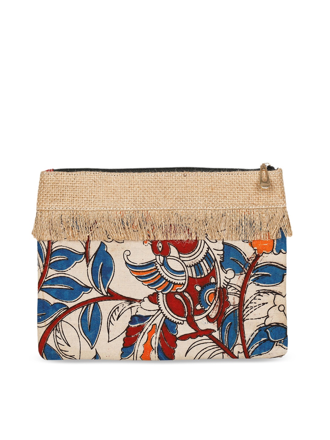 

TJORI Blue & Beige Printed Fringed Clutch