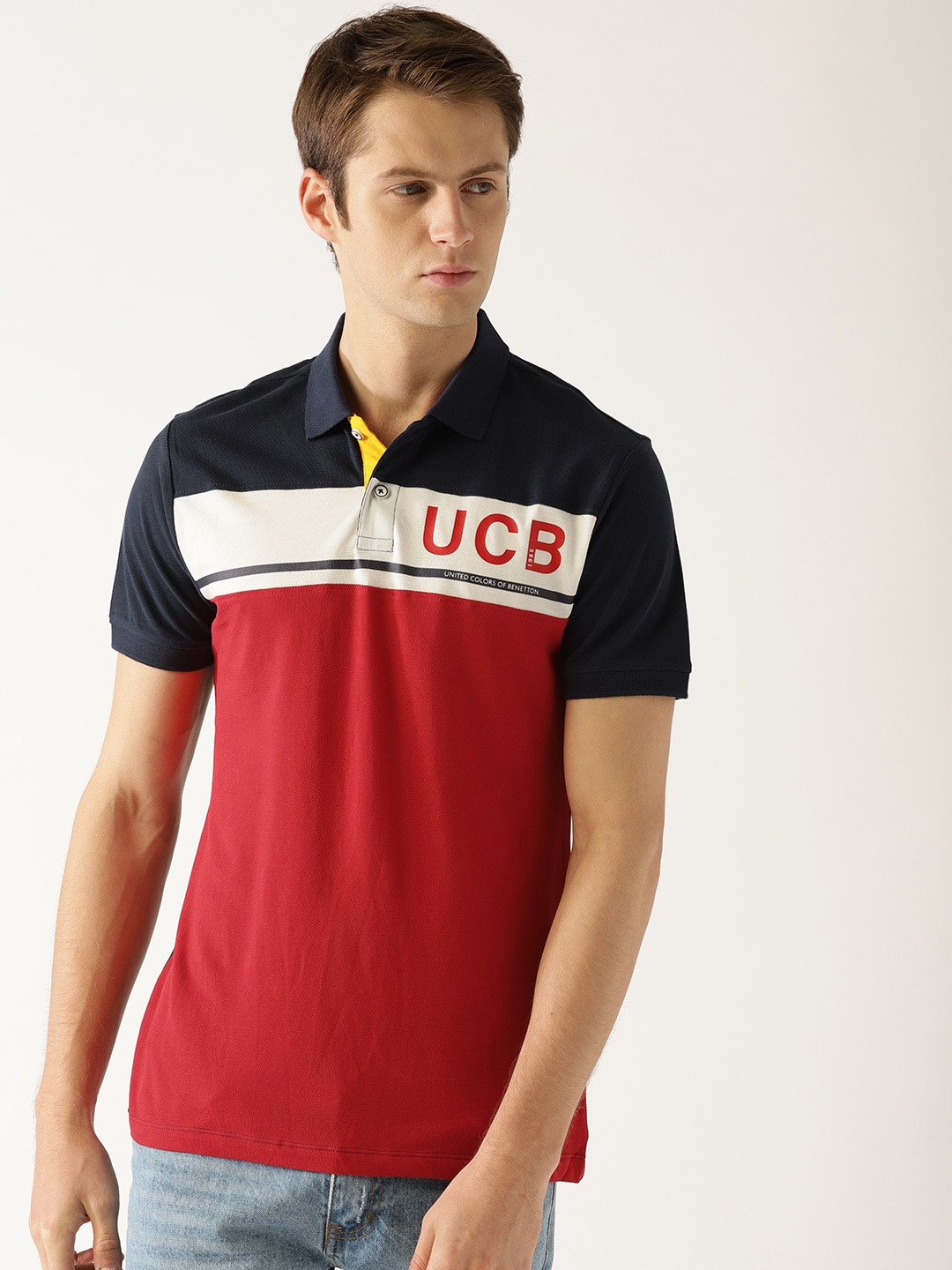 United Colors of Benetton Men Red & Navy Colourblocked Polo Collar T-shirt