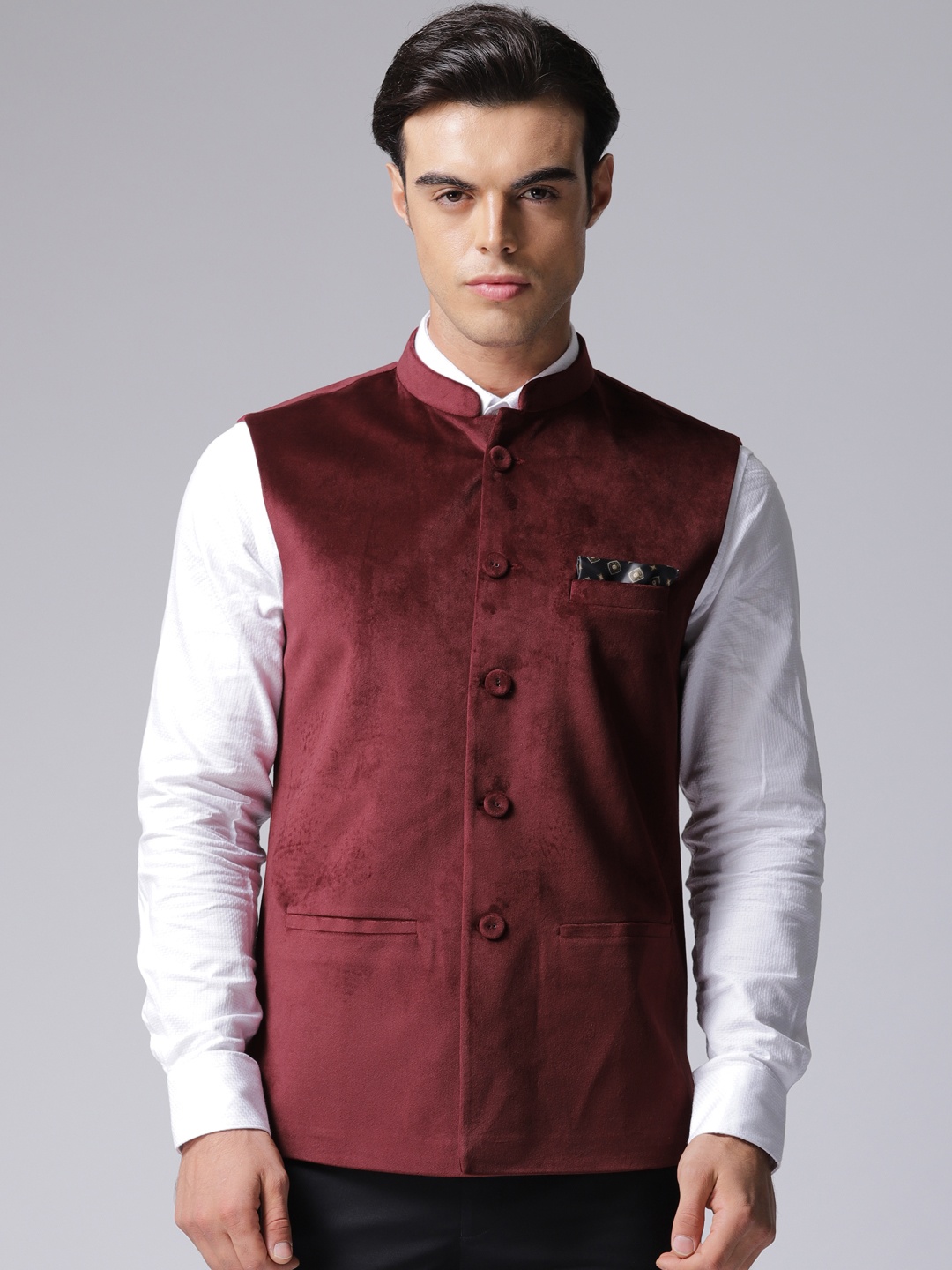 

True Blue Men Maroon Velvet Nehru Jacket