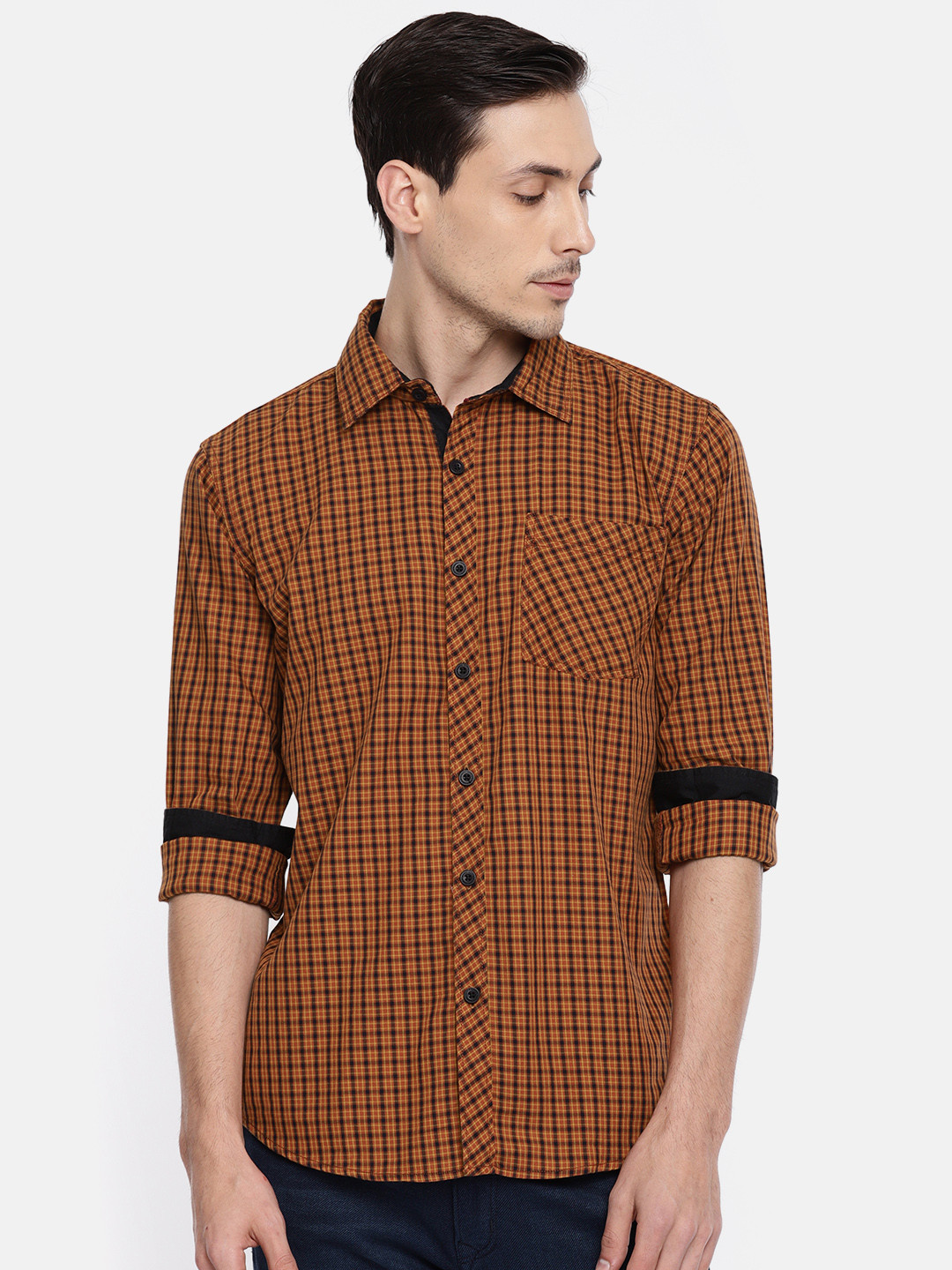 

Ruggers Men Rust Orange & Navy Blue Checked Casual Shirt