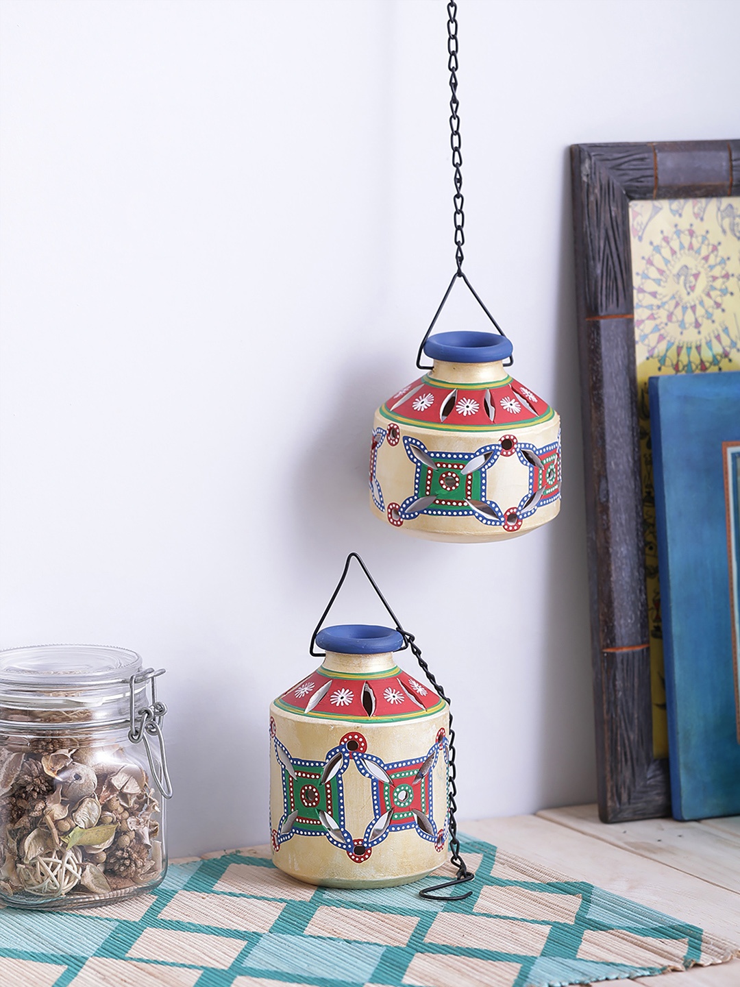 

VarEesha Gold-Toned Printed Terracotta Tea Light Diya Hanging Lantern Set