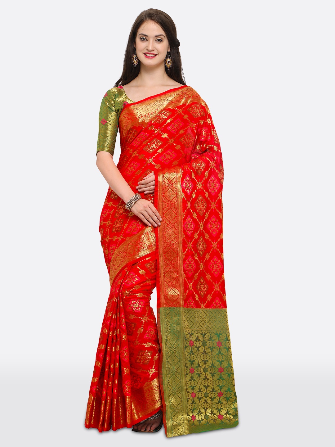 

Saree mall Red Silk Blend Woven Design Kanjeevaram Saree