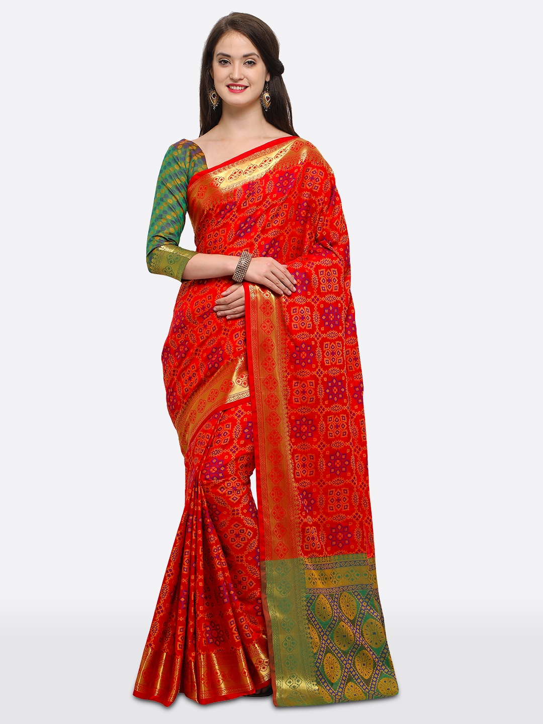 

Saree mall Red Silk Blend Woven Design Kanjeevaram Saree