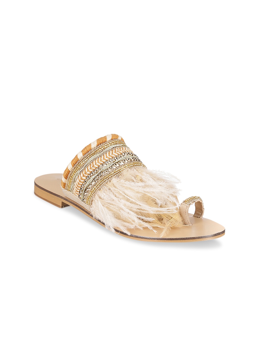 

Saint G Women Beige Woven Design Leather One Toe Flats